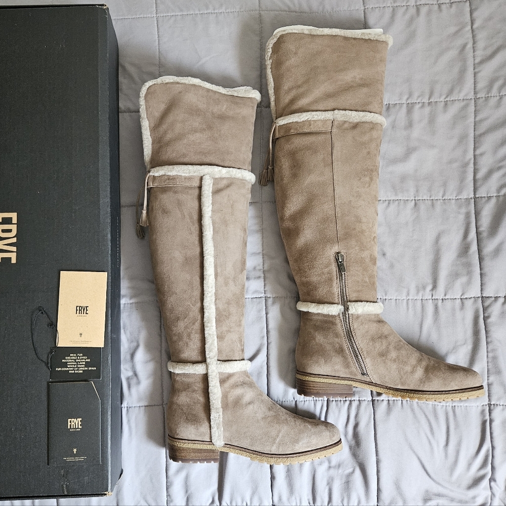NWT Frye Tamara OTK Over the Knee Shearling Suede Flat Heel Boots Taupe Size 9